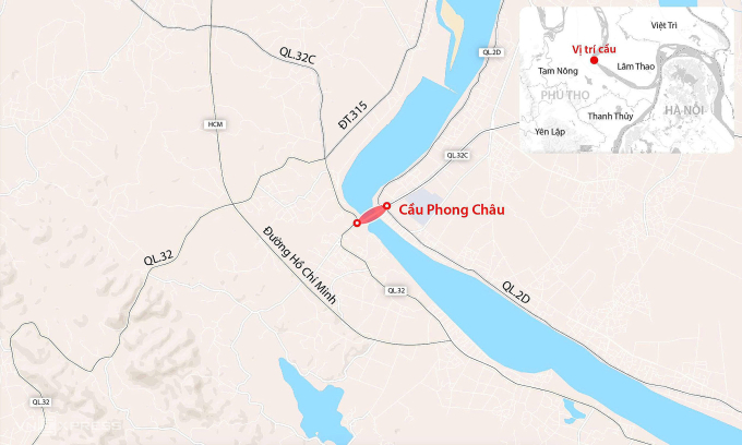Vị trí cầu Phong Châu bị sập ngày 9/9. Đồ họa: Đăng Hiếu