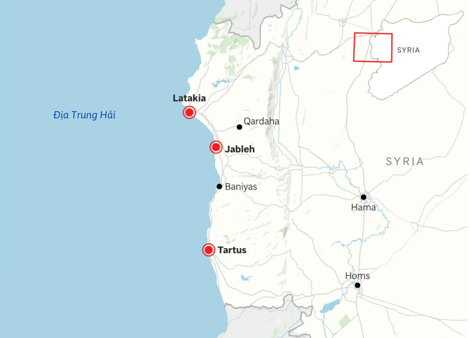 Vị trí Jableh, Baniyas, Qardaha, Latakia và Tartus ở vùng ven biển Syria. Theo AP